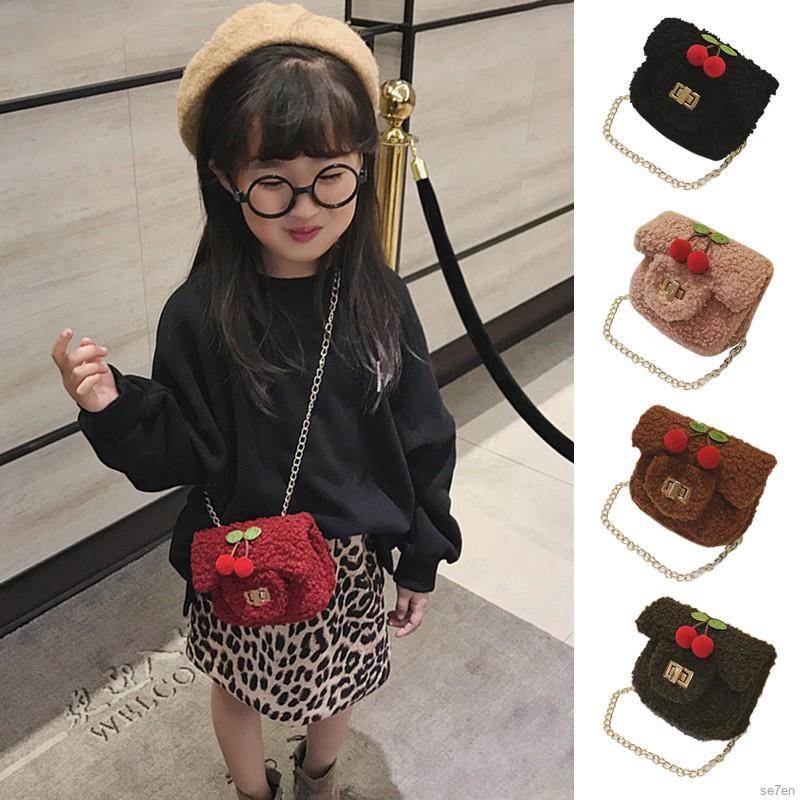 Se7en Children's plush shoulder bag cute cherry decoration girl crossbody accessories bag