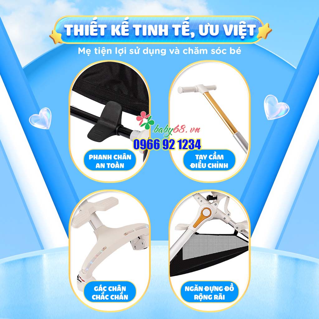 Xe đẩy gấp gọn cho em bé CHILUX M06 - Đèn xe phát sáng, chế độ giảm sốc. Xoay 360 độ