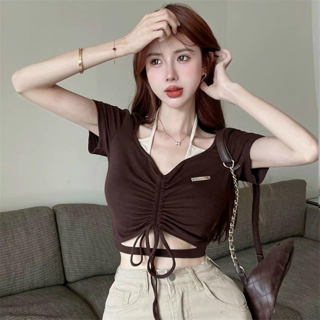 Áo croptop nữ ngắn tay cố giả yếm phối rút dây trước ngực Xquin, Áo kiểu nữ ôm body khoét eo cực sexy