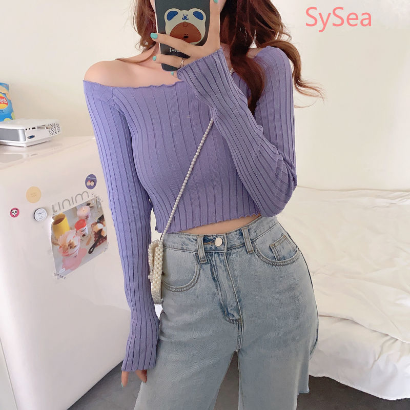 Áo Dệt Kim Tay Dài Trễ Vai Màu Tím Quyến Rũ Cho Nữ