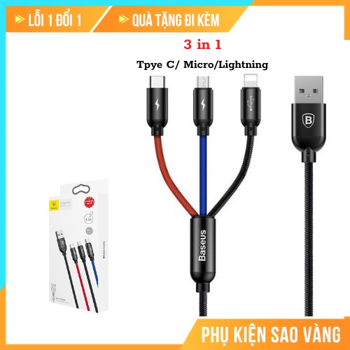 Cáp sạc 3 đầu Baseus sạc nhanh 3.5A truyền dữ liệu 480Mbps, Phụ kiện SAO VÀNG, cap356