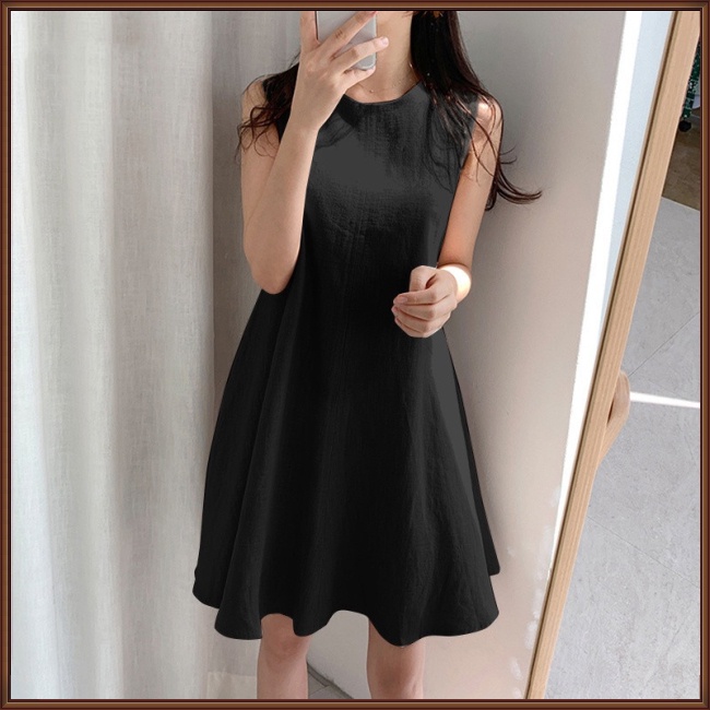 Đầm Ngắn Sát Nách Cổ Tròn Tròn Màu Trơn Bằng Vải Lanh Cotton Cho Nữ