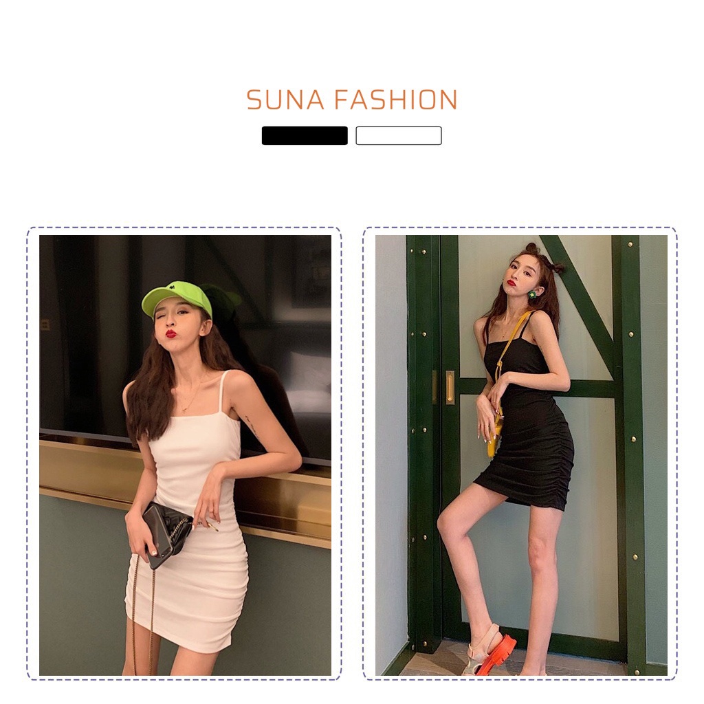 Đầm body nữ nhún hai dây, Váy body ngắn hai dây tôn dáng SUNA FASHION DN01