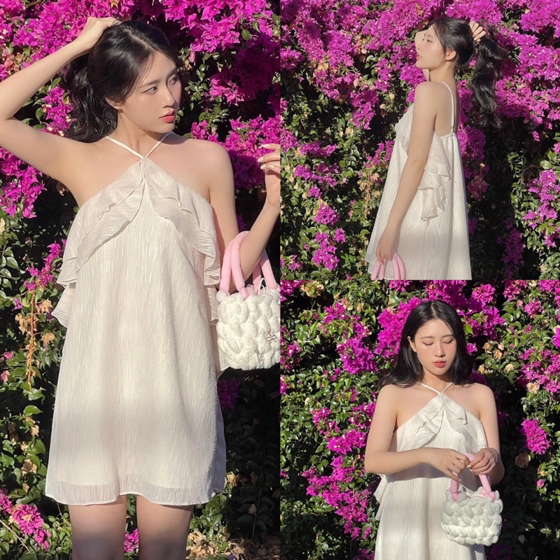 Váy Tơ Bèo Cổ Yếm Trắng Sexy Có Ảnh Thật Kèm Video