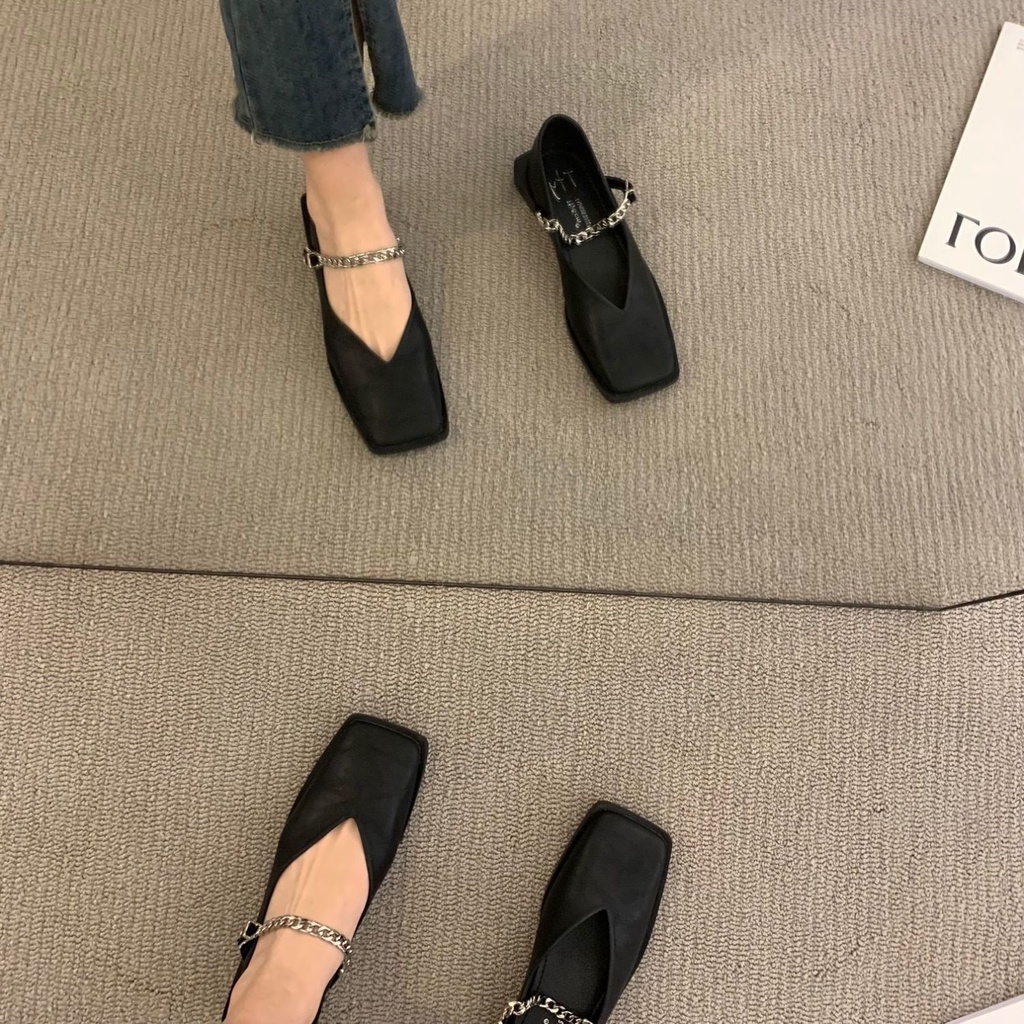 Giày Da Mũi Vuông Đế Bằng Phong Cách Pháp Cho Nữ