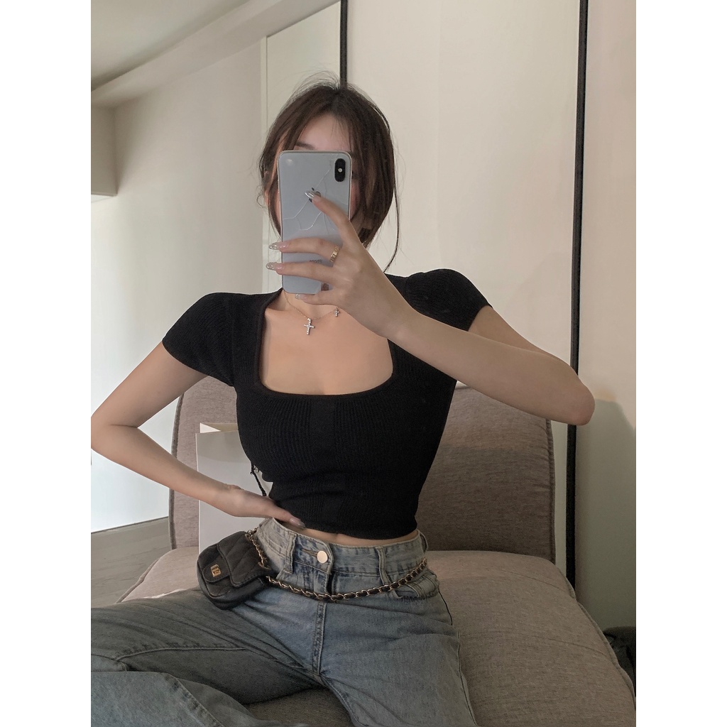 Cocory vn Áo Croptop Dệt Kim Tay Ngắn Cổ Vuông Dáng Ôm Thời Trang Mùa Hè Quyến Rũ