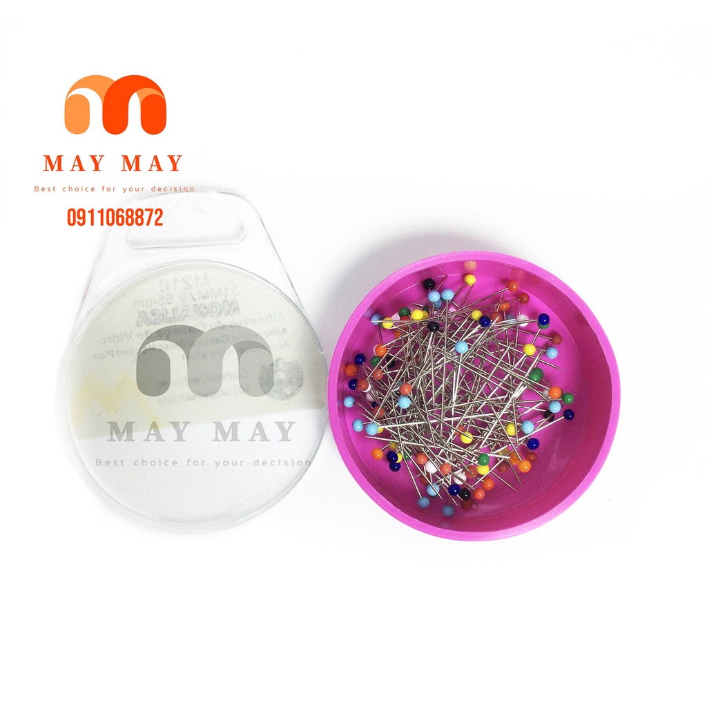 Kim ghim vải M210 hộp 100 cây đầu thủy tinh nhiều màu
