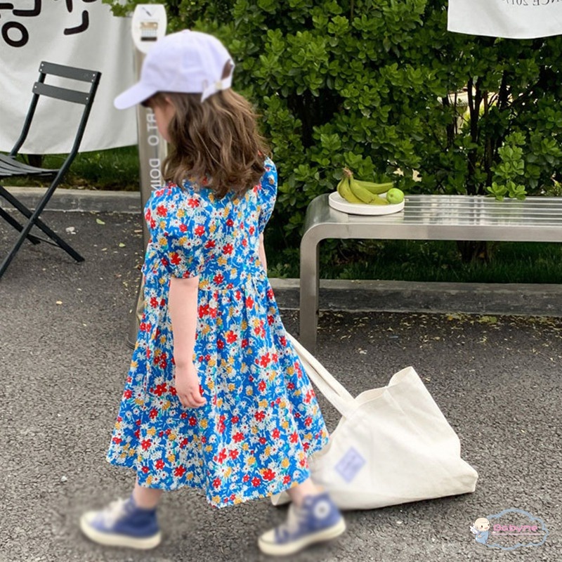 Đầm Công Chúa Tay Ngắn Phồng Cổ Chữ V In Họa Tiết Hoa Phong Cách Hàn Quốc Dành Cho Bé Gái