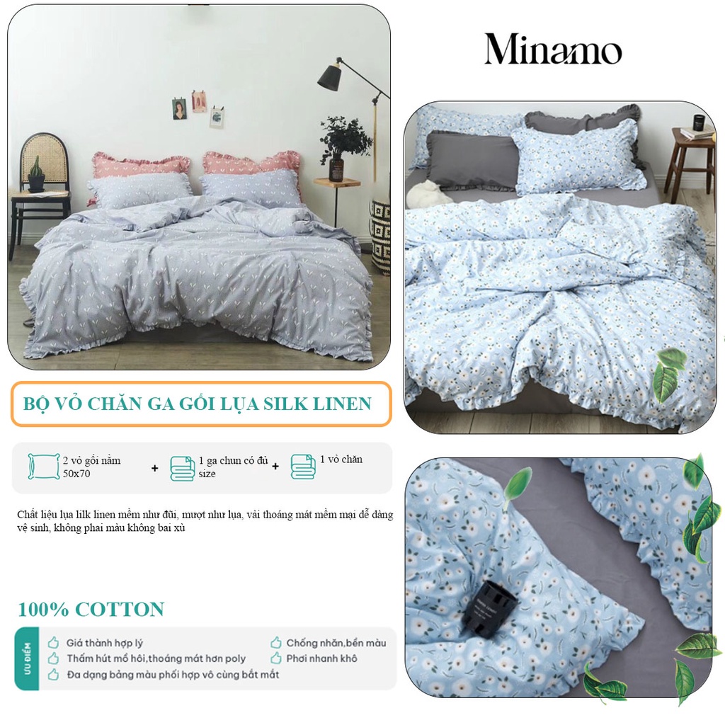 Bộ Vỏ Chăn Ga Gối Lụa Silk Linen Minamo - B08 Cao Cấp, Mềm Như Đũi, Mượt Như Lụa - Bảo Hành Chính Hãng Minamo