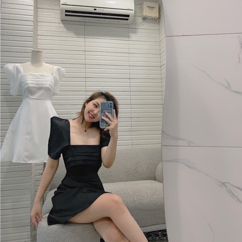 Đầm Cổ Vuông Dự Tiệc Tay Phồng Xếp Ly Ngực Dáng Ngắn Trắng Và Đen Thaingashop D0453