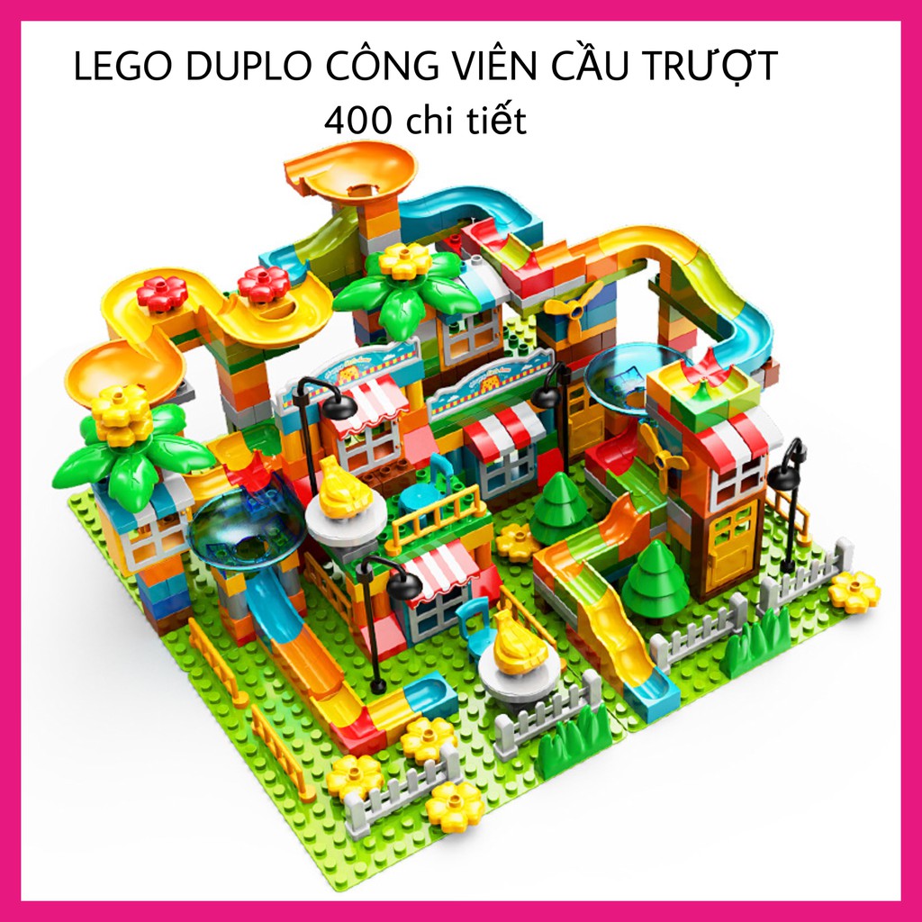 Xếp hình cho bé 400 chi tiết bộ đồ chơi lắp ráp cầu trượt cho bé hãng FEELO tương thích size duplo