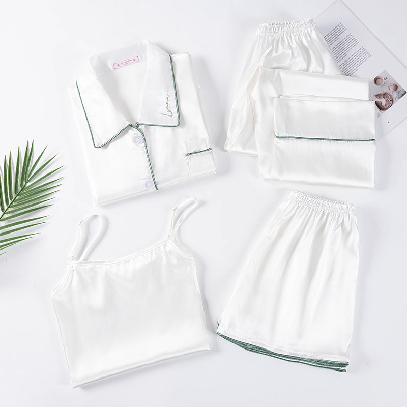 Bộ Đồ Ngủ 4 Món Vải Satin Màu Sắc Nhã Nhặn Dành Cho Nữ