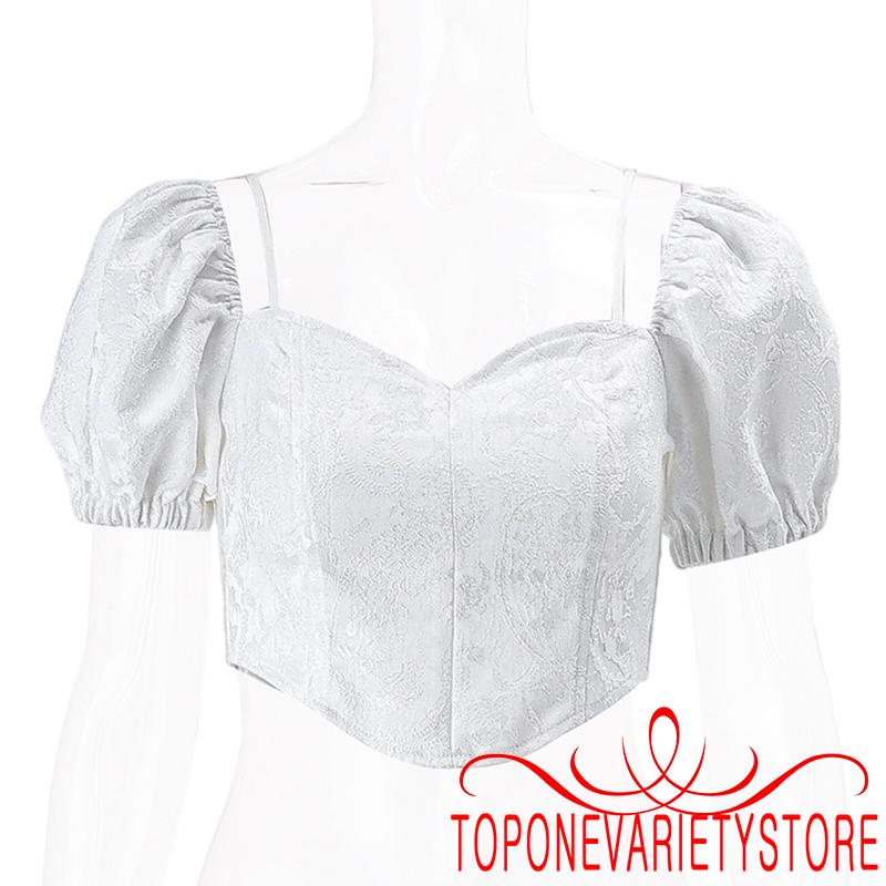 Áo Croptop Tay Ngắn Phồng Cổ Buộc Dây Thời Trang Cho Nữ