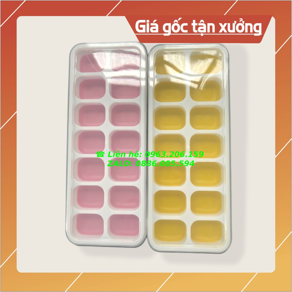 [Mới] Khay làm đá,kem loại mới đáy khay là silicon có nắp đậy 14 viên đá vuông, siêu dễ lấy đá