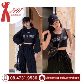 Set bộ 3 sản phẩm áo croptop quần Baggy Love me Harder chất liệu cotton co giãn