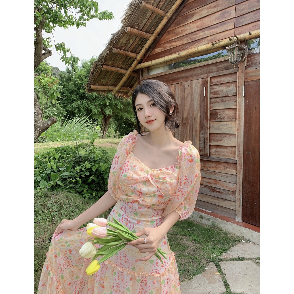 Đầm maxi dài vai bèo cổ trễ váy nữ vải tơ hoạ tiết hoa in thiết kế mặc đi chơi du lịch biển nghỉ mát resort dự tiệc