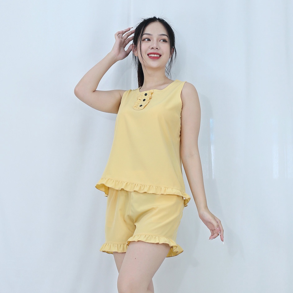 [HÌNH THẬT 100%]  Bộ đồ bộ ngắn  SÁT NÁCH BÈO VÀNG DA NÚT ĐEN  - vải lụa ao cấp  - Mềm mại nhẹ