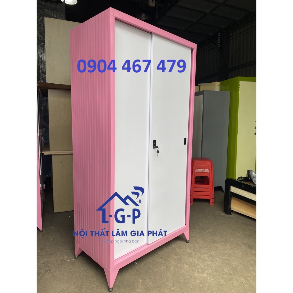 Tủ sắt cửa lùa 2 cánh sơn tĩnh điện màu hồng mới