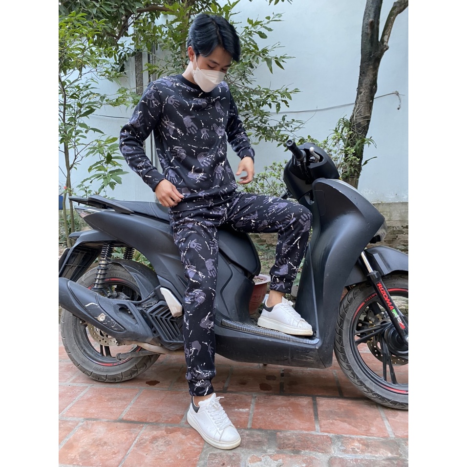 Bộ nỉ nam poly lót bông trẻ trung, bộ thu đông nam cổ tròn chất liệu nỉ bông dày ấm