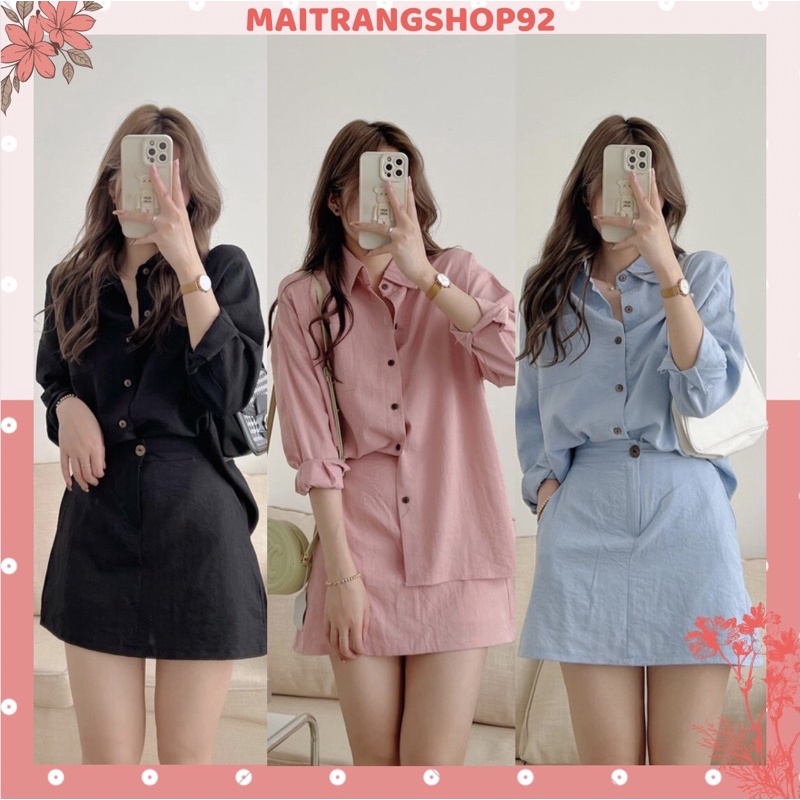 Set đồ nữ gồm áo sơ mi nữ form rộng dài tay cùng chân váy ngắn chữ A chất liệu đũi xước Nhật siêu đẹp (TTA128)