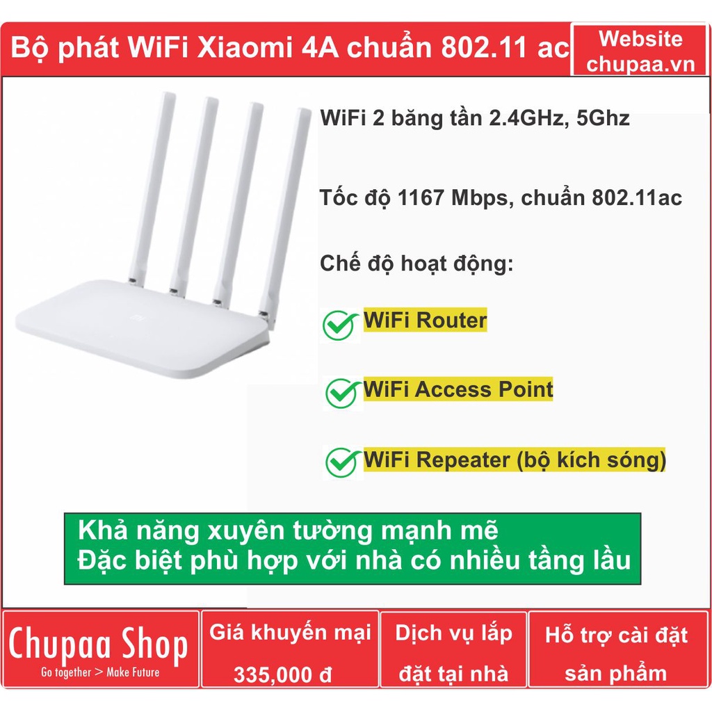 Bộ phát WiFi Xiaomi Router 4A (WIFI 802.11ac, 2 băng tần 2.4GHz và 5GHz) tốc độ 1167 Mbps