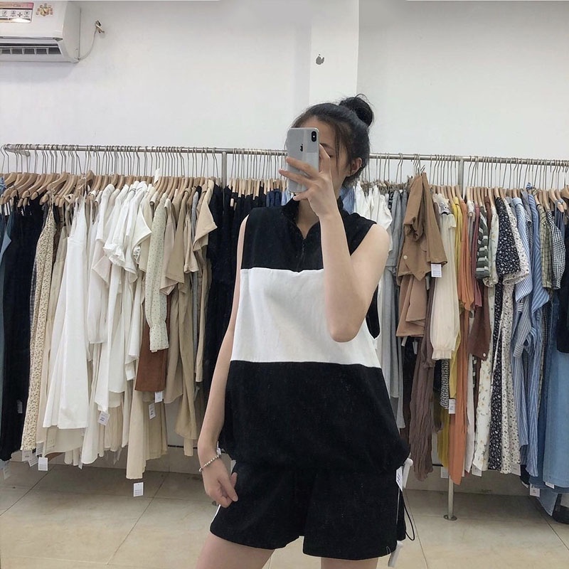 Sét Tanktop Cổ Polo Pha Màu Kèm Quần Short M836-Violet