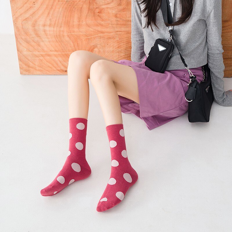 Sweet Dotted Pattern Cotton Girls Crew Socks Fashion Colorful Korean Students Soft Solid Sport Casual Hosiery Elastic Women Socks