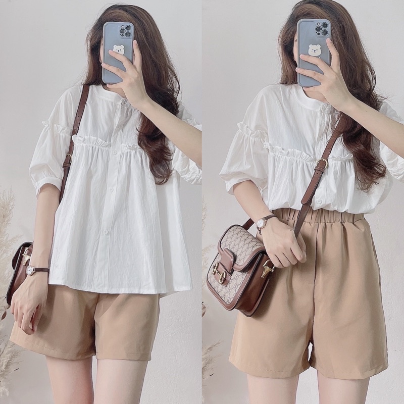 [ẢNH THẬT/VIDEO]Set babydoll gồm áo sơ mi trắng và quần đũi be Set cute Quảng Châu