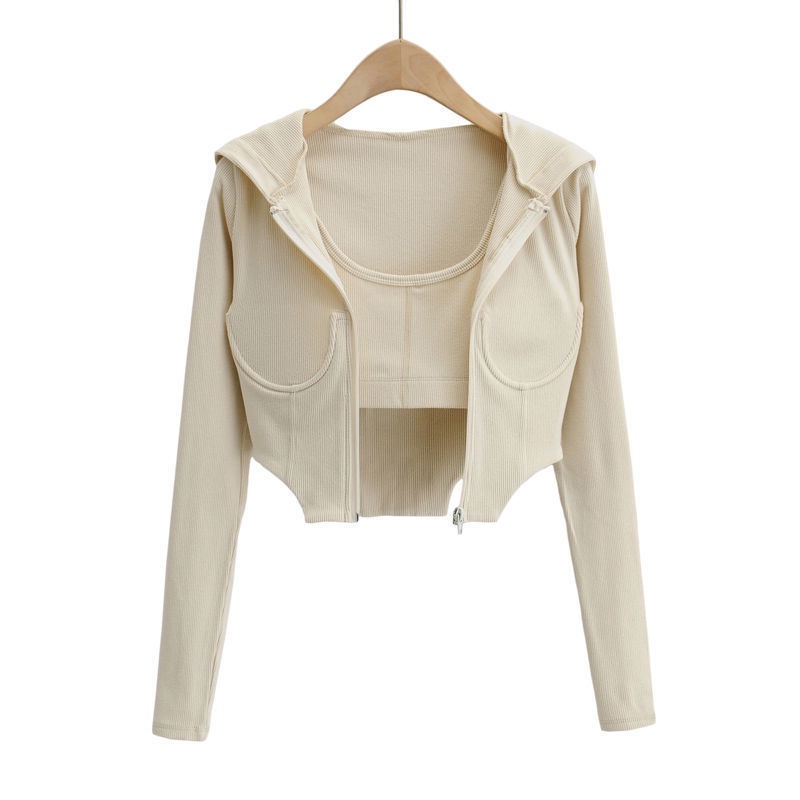 Bộ Áo Khoác Tay Dài Có Nón + Quần Short Thể Thao Eo Cao Co Giãn Phong Cách Thể Thao Cho Nữ