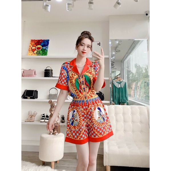 PIJAMA ĐÙI - CỘC TAY PHƯỢNG HOÀNG LỬA ĐỎ N005 LỤA XƯỚC