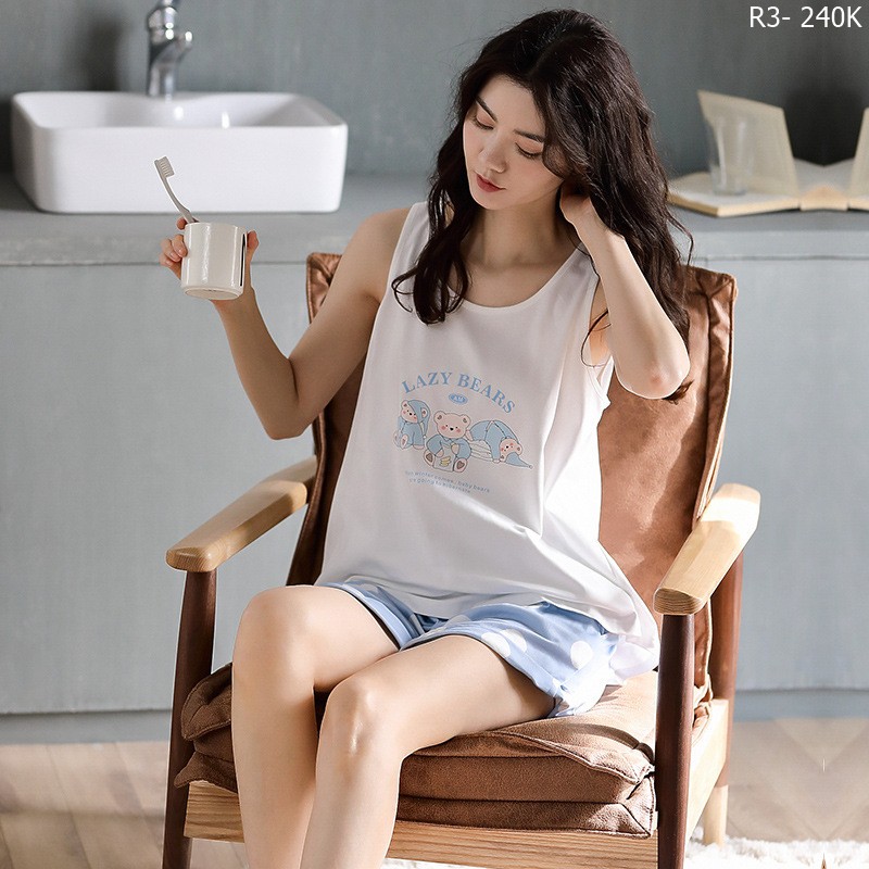 Bộ mặc nhà nữ cotton 100% kiểu sát nách màu trắng xanh dịu mát - R3