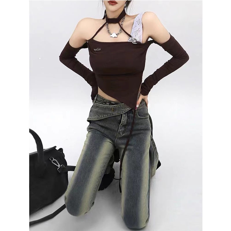 1W BLACK micro-horn jeans for women 2022 new design oblique waist slimming wide leg straight long pants 7SD1