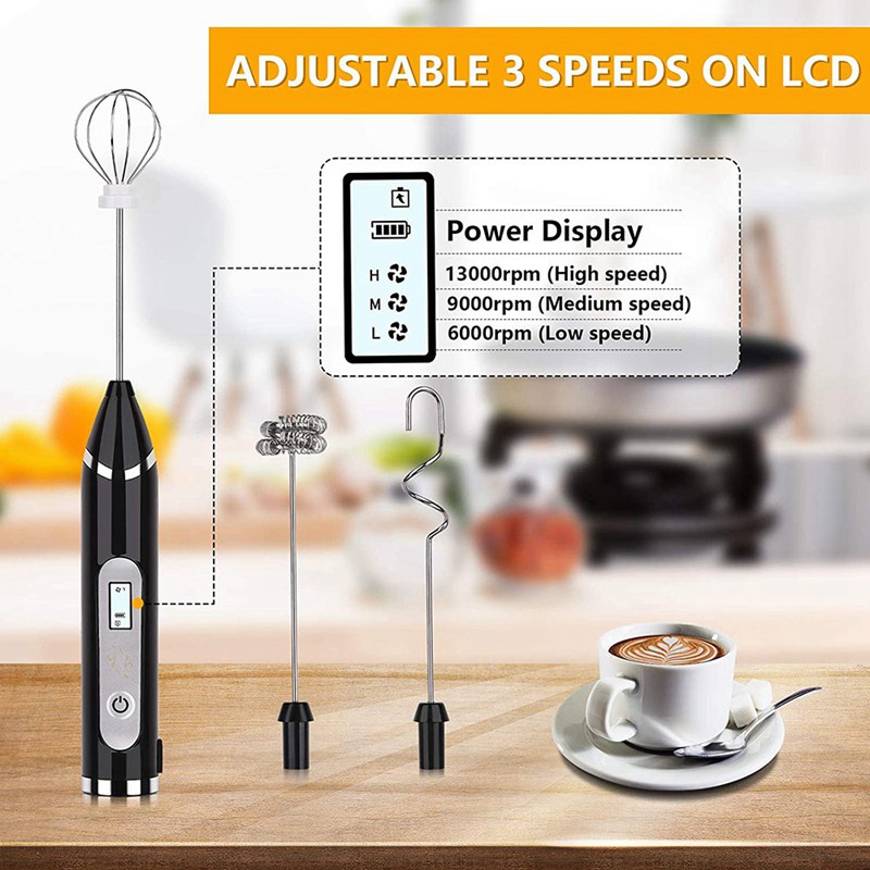 Milk Frother Handheld USB LCD Electric Adjustable 3 Speeds Hand Milk Foam Maker Mini Blender Drink Mixer for Coffee