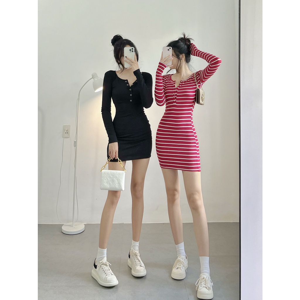 Đầm body nữ tay dài HHVINTAGE kiểu bấm nút Dress A14