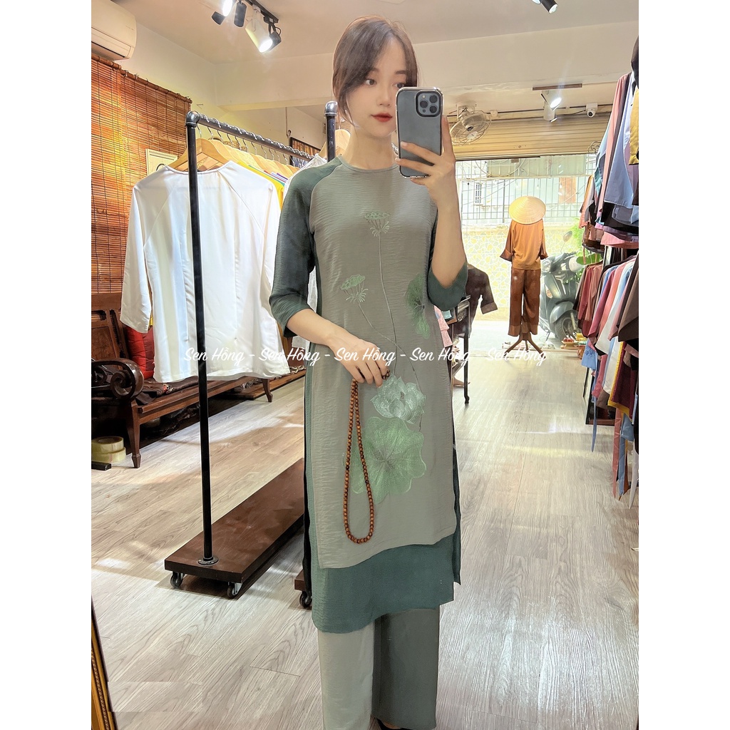 ÁO DÀI ĐI CHÙA # set áo dài cách tân 4 tà thêu hoa sen - vải lụa tuyết dày dặn cao cấp - Pháp Phục Sen Hồng