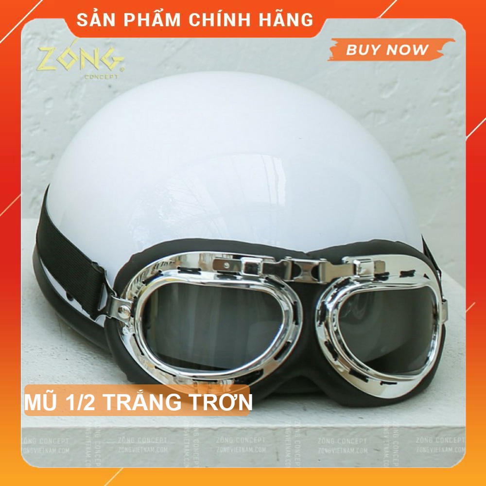 Mũ bảo hiểm nửa đầu màu trắng trơn bóng kèm kính, free size, Thế Giới Mũ