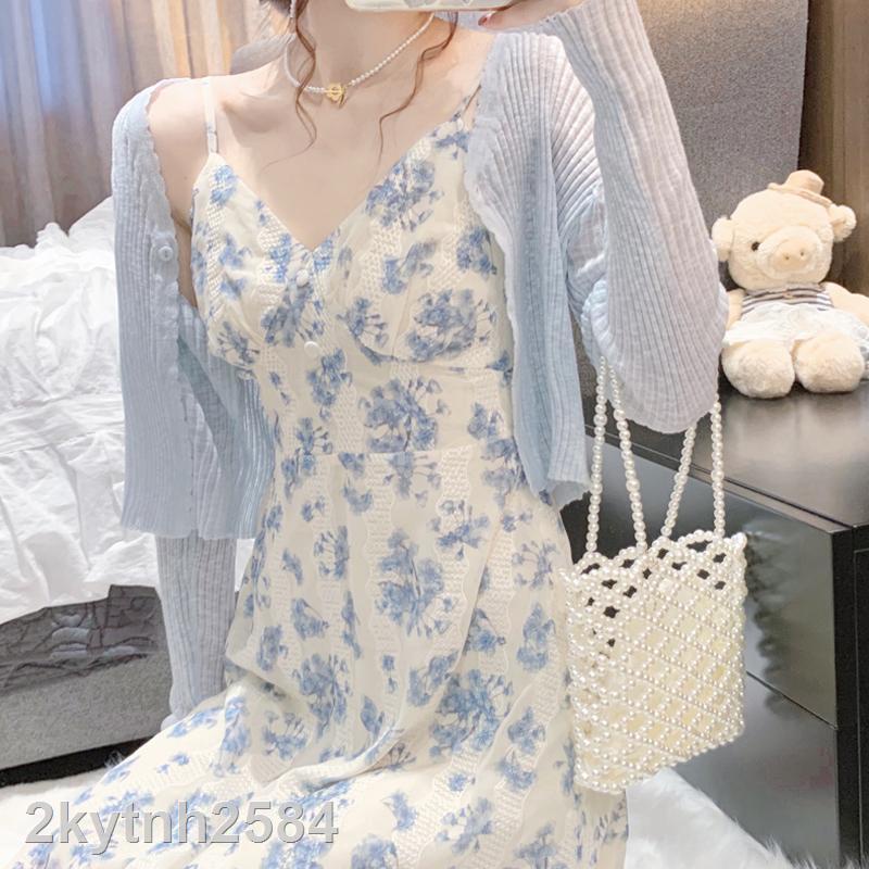 ﹊□∈2022 cardigan len mỏng + váy hoa treo eo nữ váy gió trung thu mỏng nhẹ nhàng