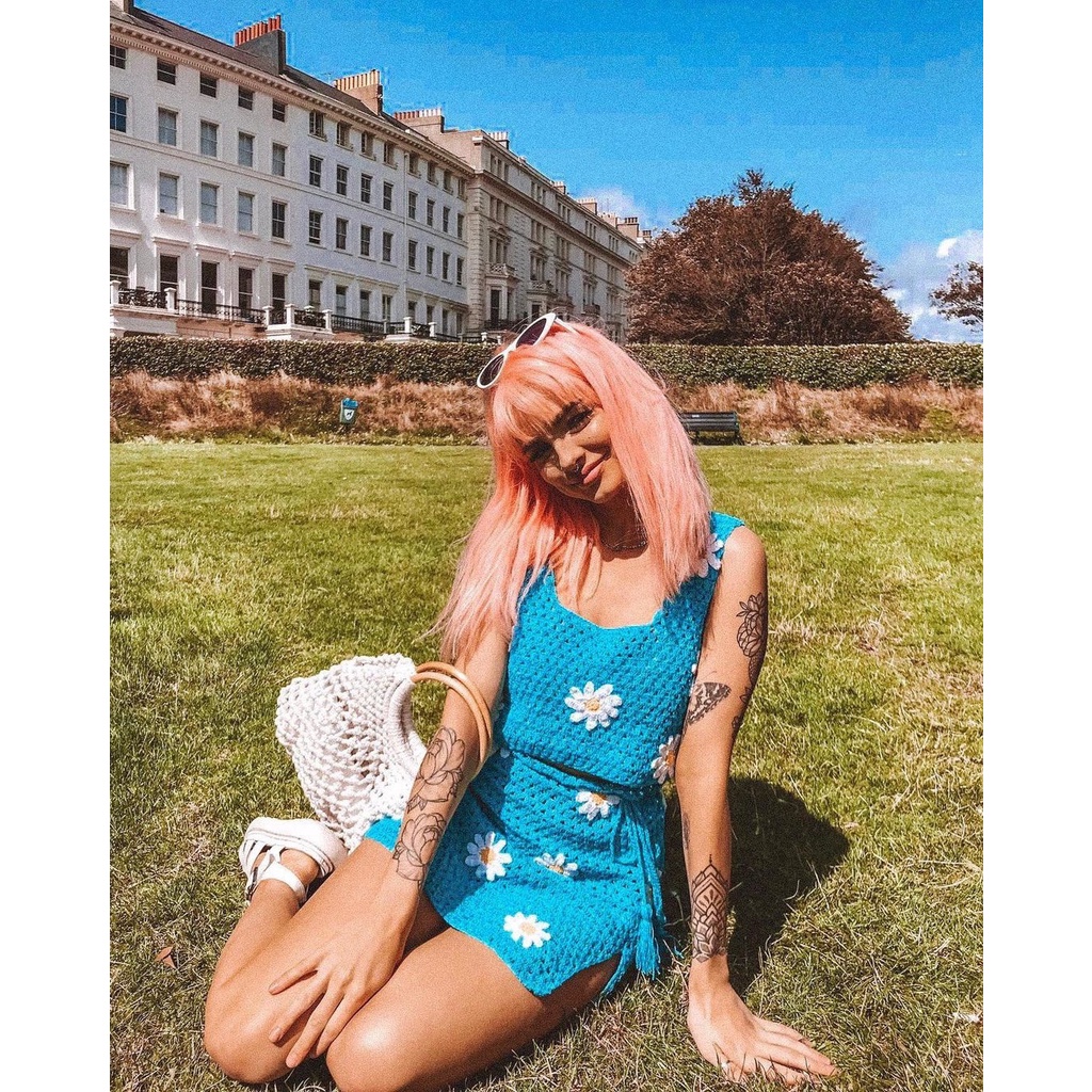 DUNEA Bộ đồ gồm áo 2 dây dệt hoa và chân váy xẻ tà thời trang xinh xắn cho nữ