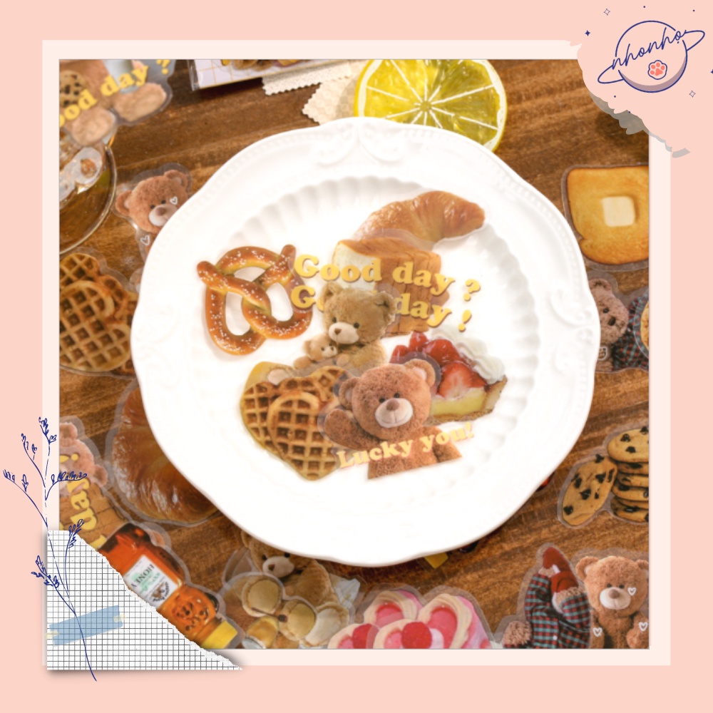 Set 40 Sticker nhãn dán PET✨HOẠT HÌNH GẤU & ĐỒ ĂN CUTE✨ trang trí sổ tay còng nhật kí journal điện thoại DIY