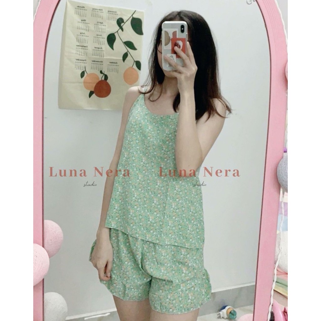 [TẶNG GƯƠNG CẦM TAY] Set đồ ngủ 2 dây hoa nhí hiện đại quần viền bèo | Ảnh thật 100% ♡