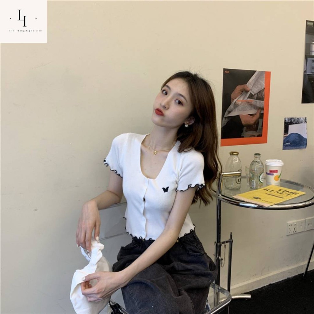 Áo croptop nữ kiểu tay ngắn cổ vuông dáng ôm body họa tiết bướm Butterfly phong cách Hàn Quốc cá tính Liao shop