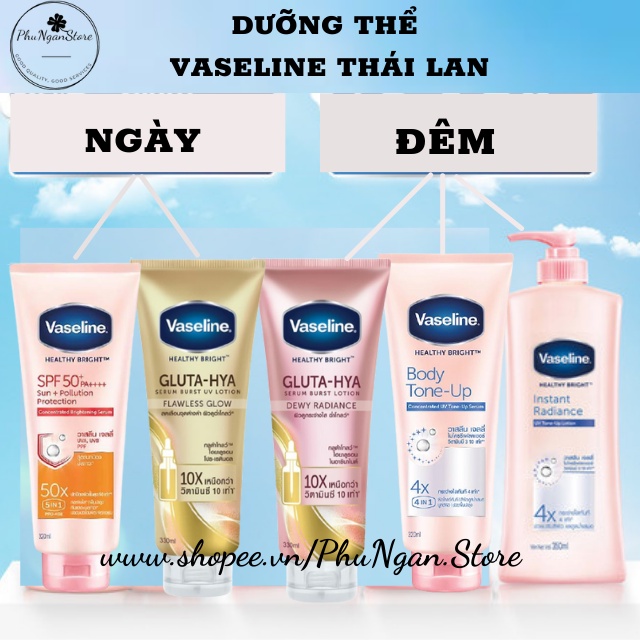 Cặp dưỡng thể Vaseline Healthy Bright dưỡng da ngày đêm 50x/4x/Gluta HYA Thái Lan