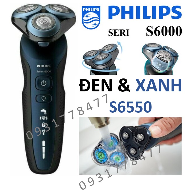 PHILIPS S6550_Máy cạo râu Philips Seri 6000 (màu Đen & Xanh) 12 THÁNG BẢO HÀNH