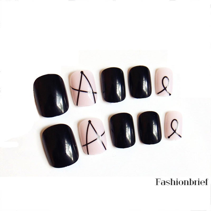 ❤BRIEF  24Pcs Simple Black Line Transparent Fake Nails Normal Square Matte Artificial Nail Tips with