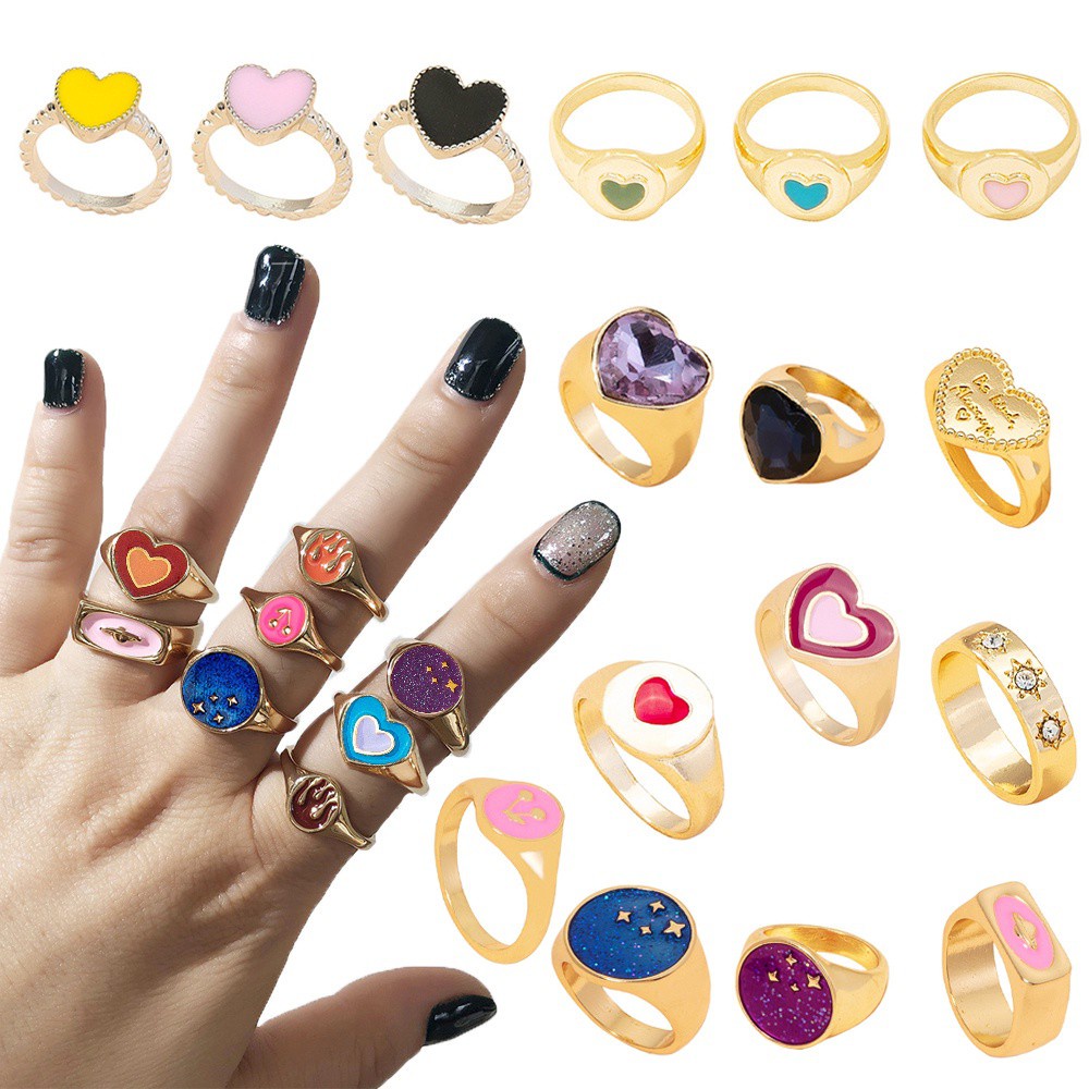 Nhẫn Hai Lớp Hình Trái Tim Nhiều Màu Thời Trang Hàn Quốc Cổ Điển Sáng Tạo Cho Nữ