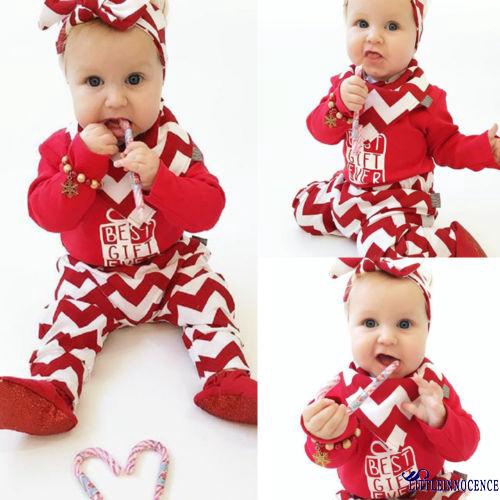❤XZQ-Best 3PCS Lovely Newborn Kids Baby Girls Christmas Long Sleeve Romper + Waved Long Pants + Headband Outfits Set