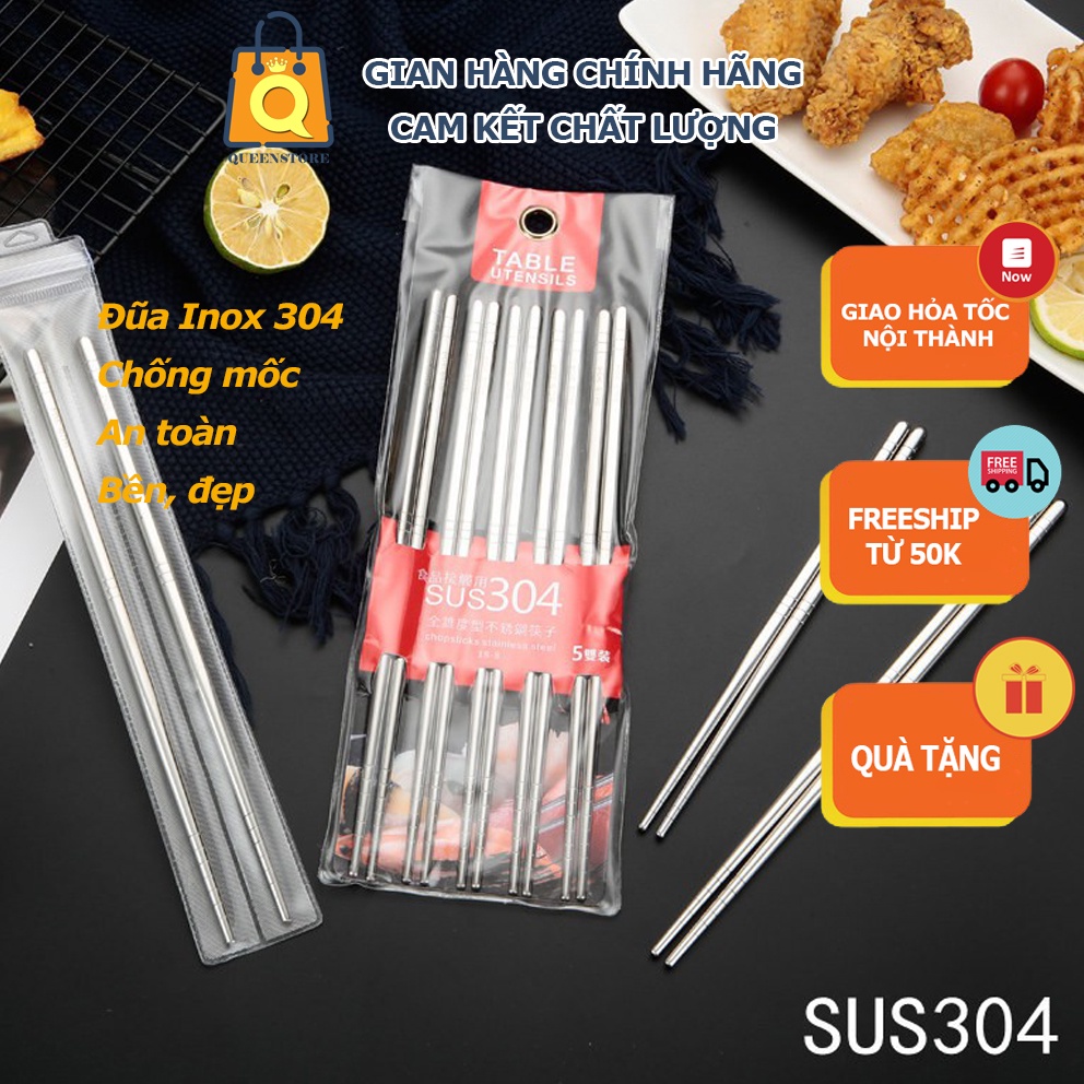 Set 5 Đôi Đũa Inox 304 Hàn Quốc Cao Cấp Trống Trơn Không Mốc Không Sơn An Toàn Cầm Chắc Tay - QueenStore