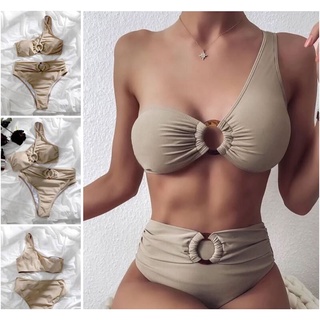 Bikini lệch vai phối khoen xám nude