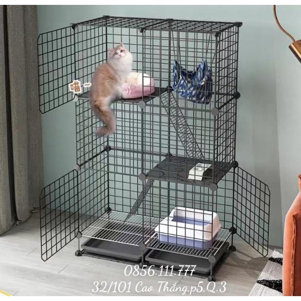 chuồng nuôi chó mèo lắp ghép có tầng và khay vệ sinh tấm lưới sắt sơn tĩnh điện