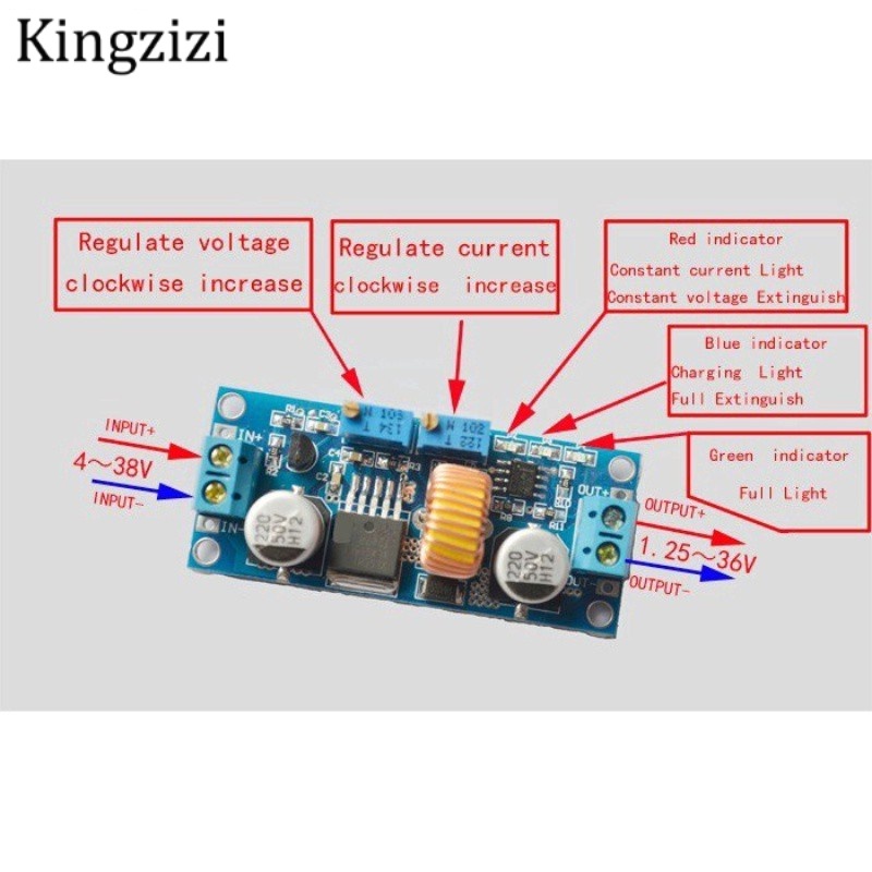 Bảng giảm áp sạc pin Lithium 5A XL4015 điều chỉnh được 6-38V sang 1.25-36V DC có đèn LED chỉ báo